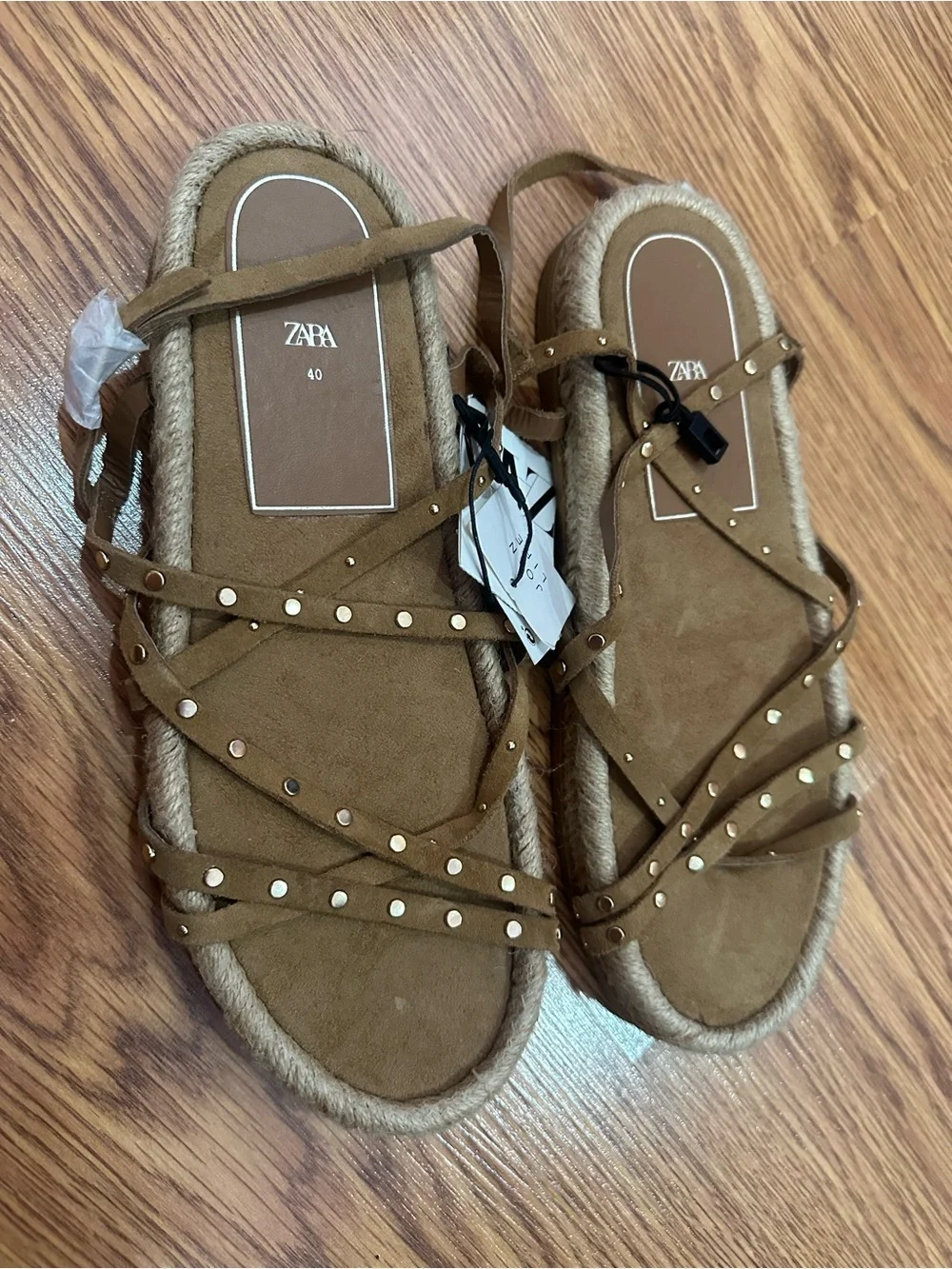 Zara Tan Studded Strappy Espadrille Sandals - Picture 2 of 4